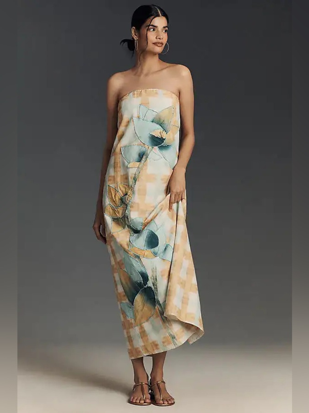 Anthropologie Strapless Cotton Linen Plaid Floral Dress Strapless Medium